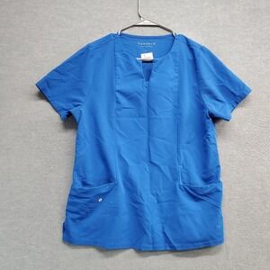 Mandala Women Scrub Top Medium Blue Equa Tek Shirt Pockets Short Sleeve READ